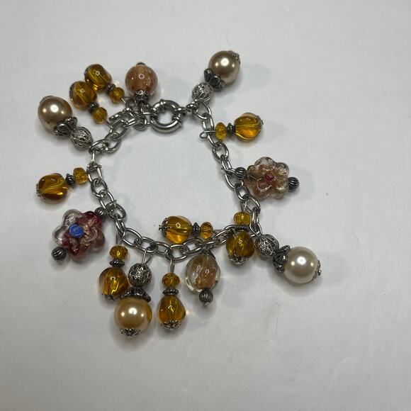 bracelet signed costume jewelry charm style faux pearl silver amber color beads - Picture 2 of 9